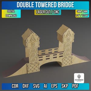 Könnte beinhalten: Ein lasergeschnittenes Holzmodell einer Doppelturmbrücke. Die Brücke hat zwei Türme mit dekorativen Ausschnitten, einen zentralen Bogen und eine Brückenplatte. Der Text "DOUBLE TOWERED BRIDGE" steht oben. Das Modell ist 3mm dick.