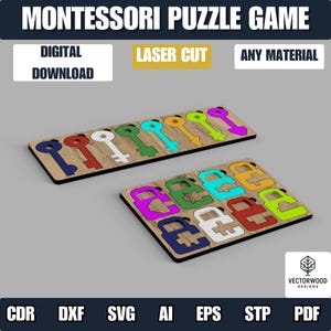 May include: A digital download for a Montessori puzzle game featuring laser cut designs. The image displays two wooden boards with colorful key and lock shapes in blue, red, white, green, cyan, orange, lime, and purple, with file formats listed.