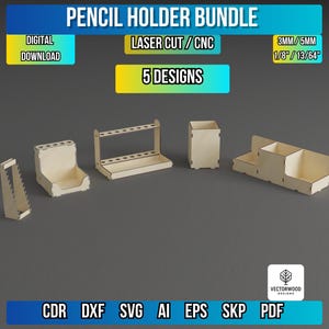 May include: A bundle of five laser-cut pencil holder designs. The text on the image says "PENCIL HOLDER BUNDLE", "LASER CUT / CNC", "5 DESIGNS", "DIGITAL DOWNLOAD", and "3MM / 5MM 1/8" / 13/64". The pencil holders are made of light-colored wood.
