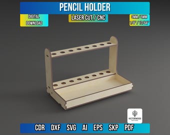 May include: A light-colored wooden pencil holder with two levels of circular holes for pencils. The design includes the text "PENCIL HOLDER" and "LASER CUT / CNC". The holder is designed for 3mm/5mm or 1/8" / 13/64" pencils. Digital download available.