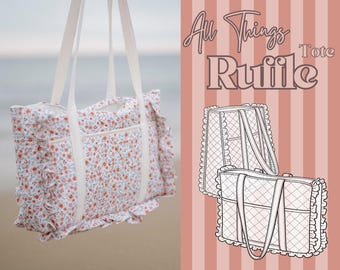 May include: A floral print tote bag with white straps and ruffle trim. The bag features a pattern of small orange flowers on a white background. The text "All Things Ruffle Tote" is also visible.