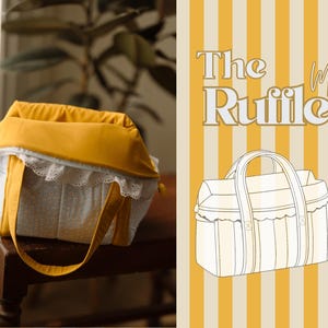 May include: A yellow and white tote bag with a floral pattern and lace trim sits on a wooden surface. The bag has a yellow handle and a yellow top. The image also features a graphic with the text "The Mini Ruifle".
