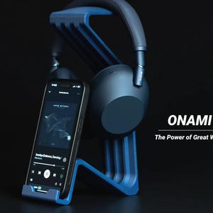 May include: A blue headphone stand holding dark blue Sony headphones and a smartphone displaying a music player interface. The text ONAMI and The Power of Great Wave are visible on the right side of the frame against a dark background.
