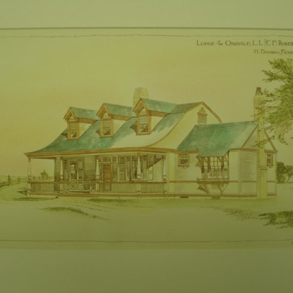 Hand Colored, Original Plan, Lodge, C. F. Robert, Oakdale, Long Island, New York, 1887, H. Edwards Ficken, Architect. Architecture, Vintage