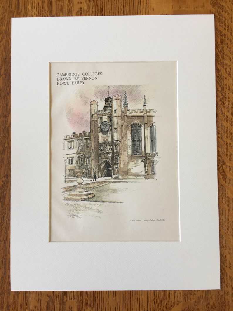 UK Architects Original Hand Colored Vintage Clock Tower Trinity College Architecture 1902 Drawn by Vernon Howe Bailey Cambridge