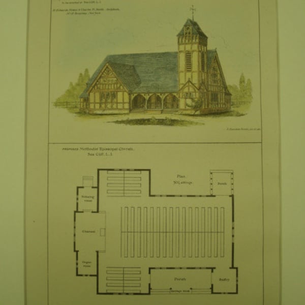 Hand Colored, Original Plan, Methodist Episcopal Church, Sea Cliff, Long Island, New York, 1878, Ficken & Smith, Architect(s). Architecture