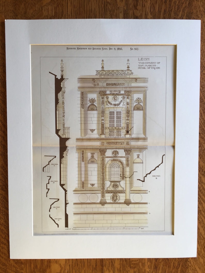 Convent of San Marcos Architecture De Alava /& De Badajoz el Mozo Original Architects Leon 1893 Spain Antique Hand Colored Vintage