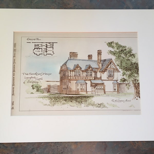 Gardeners Cottage, Longford Castle, Salisbury, England, 1893. G H Gordon, Architects. Hand Colored, Original Plan, Architecture, Vintage