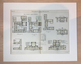 Munich University Chemical Laboratory, Berlin Physiological Institute, 1887. Hand Colored, Original Plan, Architecture, Vintage, Antique