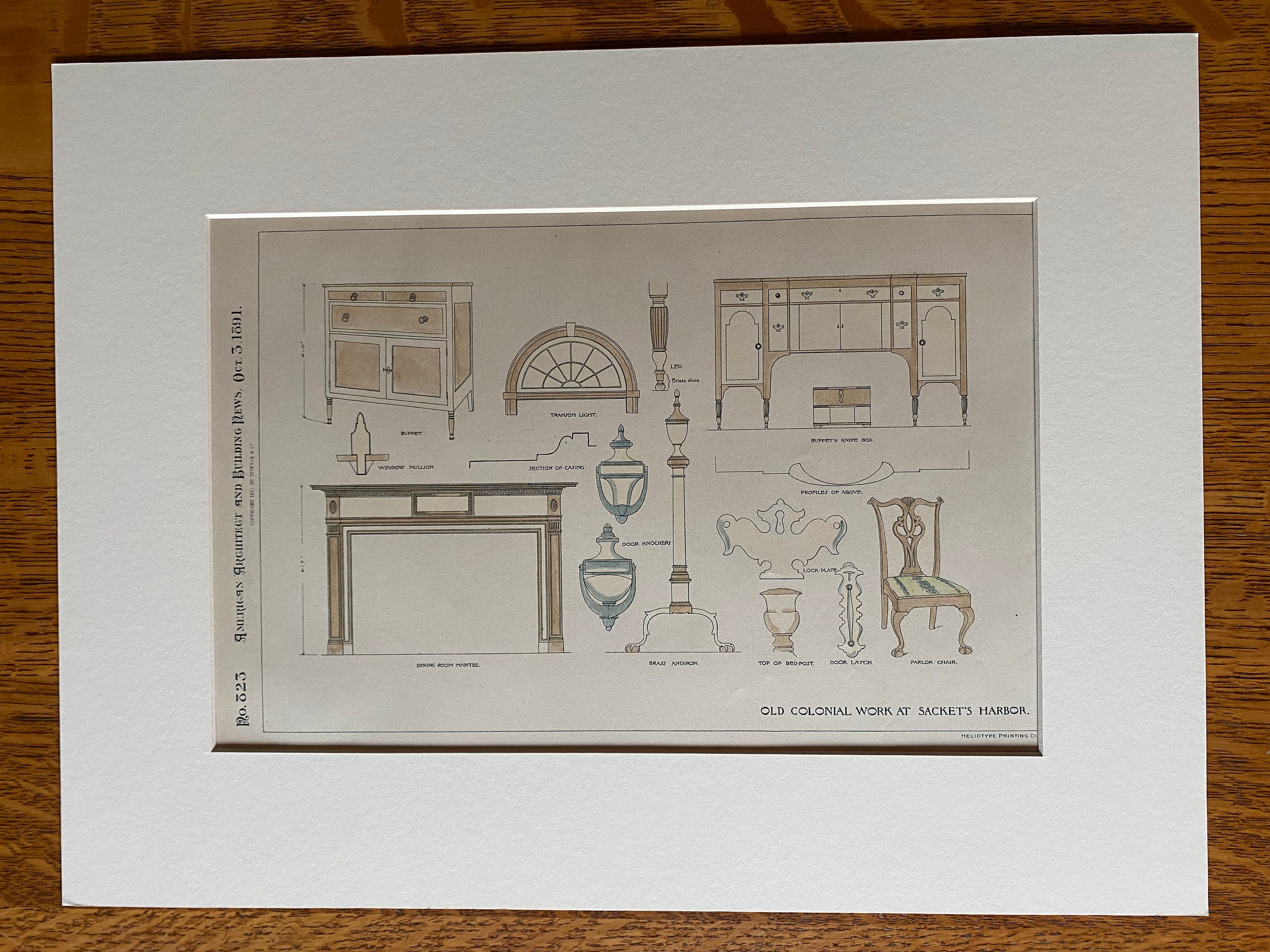 Colonial Work, Sacket's Harbor, New York, 1890. Hand Colored, Original