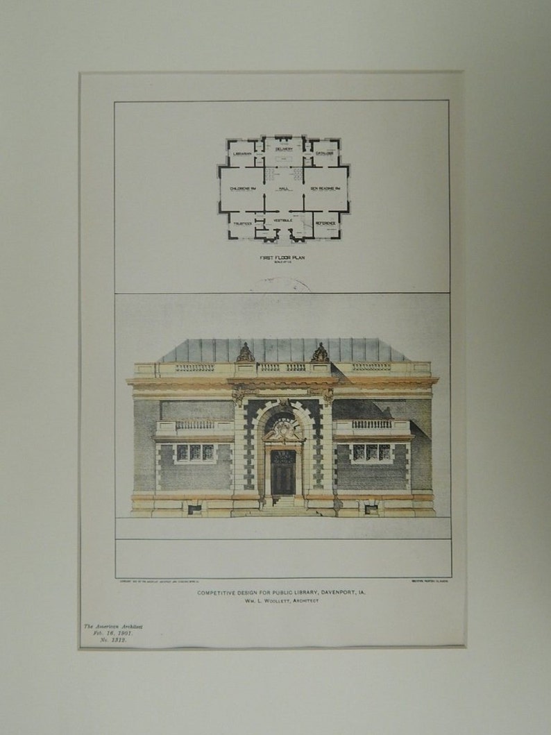Antique Davenport Original Plan Architecture Hand Colored Iowa Vintage William L Woollett 1901 Architects Public Library