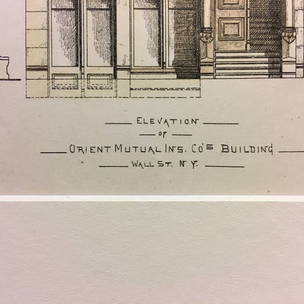 Orient Mutual Insurance, Wall Street, New York, 1878, Alfred H Thorp, Architects. Hand Colored, Original Plan, Architecture, Vintage Antique