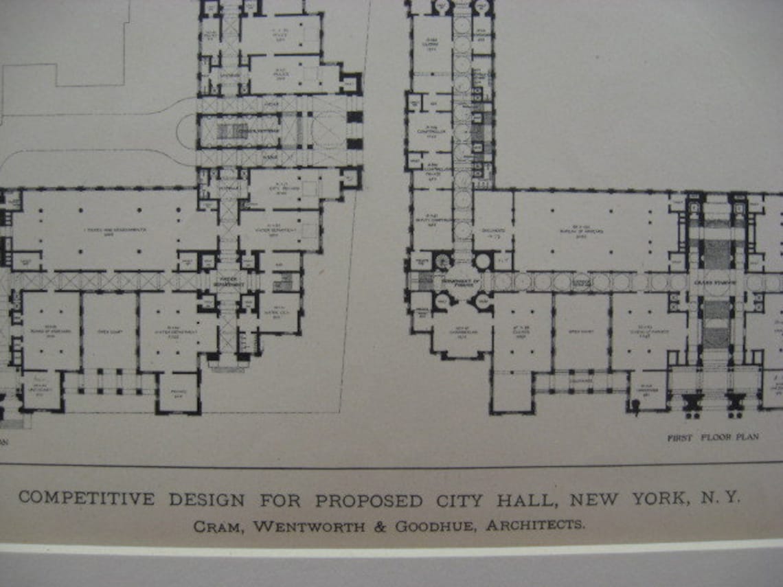 Hand Colored, Original Plan, City Hall, New York, 1896, Cram, Wentworth