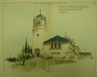 St Josephs Roman Catholic Church, Corpus Christi, Texas, 1898, Armstrong & Pasco, Architects. Hand Colored, Original Plan, Architecture