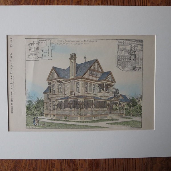 A R Smith House, Birmingham, Connecticut, 1885. C H Stinton, Architects. Hand Colored, Original Plan. Architecture, Antique, Illustration