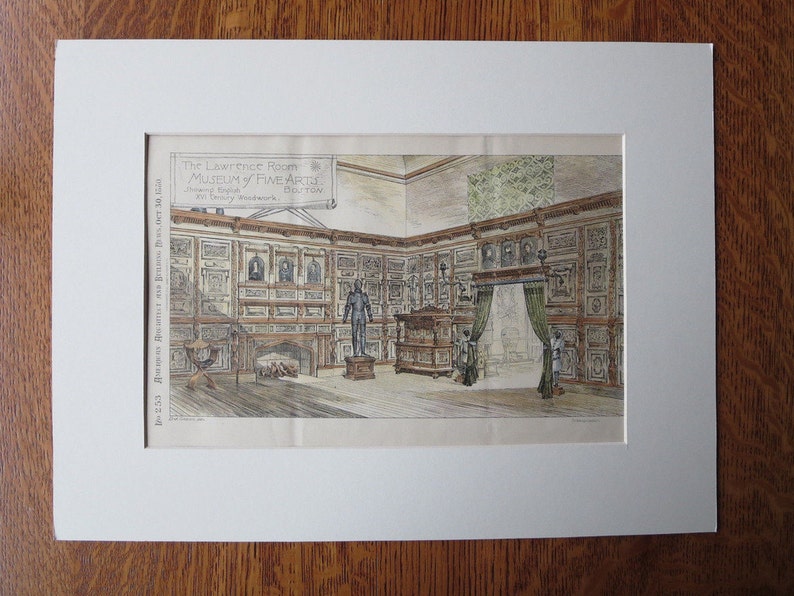 Massachusetts Museum of Fine Arts Antique 1880 Hand Colored Vintage Lawrence Room Boston Architecture Original Plan Illustration