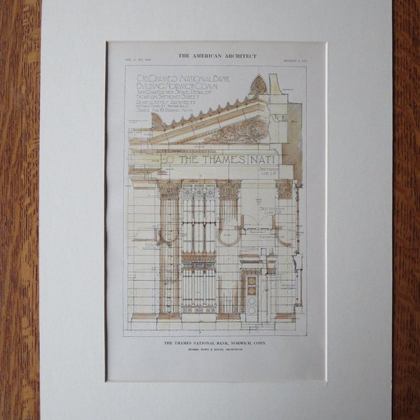 Thames National Bank, Norwich, Connecticut, 1911. Rowe & Keyes, Architects. Hand Colored, Original Plan. Architecture, Antique, Illustration