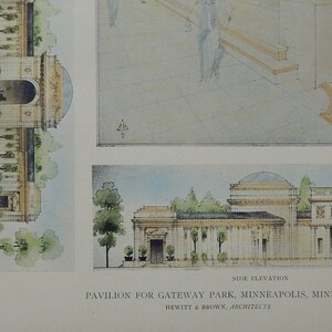 Pavilion, Gateway Park, Minneapolis, Minnesota, 1918. Hewitt & Brown, Architect. Hand Colored, Original Plan, Architecture, Vintage, Antique image 3