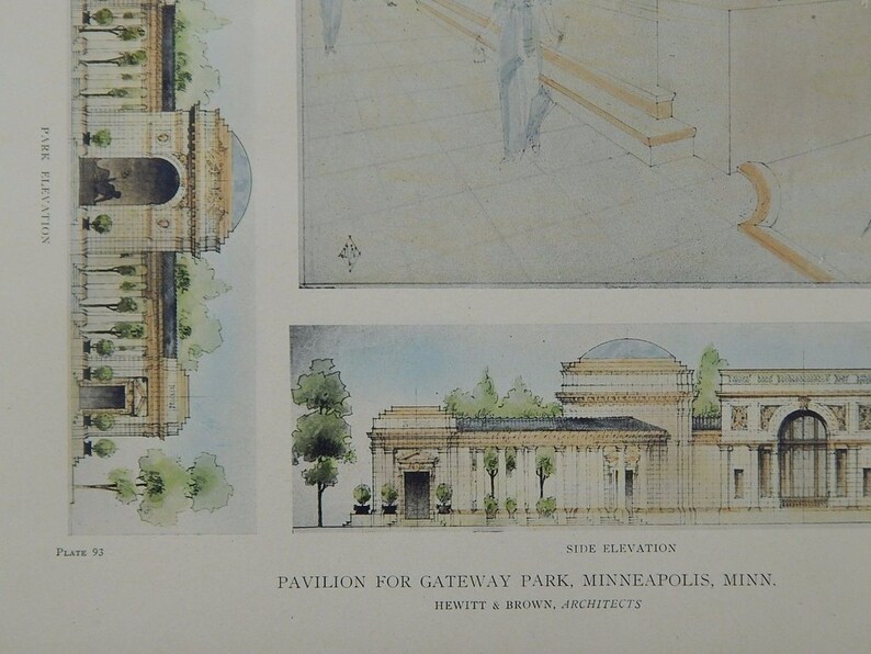 Pavilion, Gateway Park, Minneapolis, Minnesota, 1918. Hewitt & Brown, Architect. Hand Colored, Original Plan, Architecture, Vintage, Antique image 3