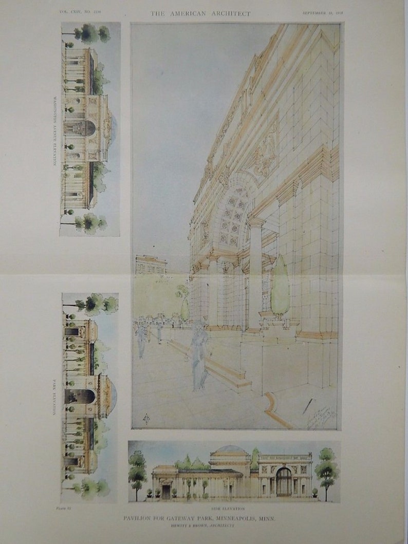 Pavilion, Gateway Park, Minneapolis, Minnesota, 1918. Hewitt & Brown, Architect. Hand Colored, Original Plan, Architecture, Vintage, Antique image 1