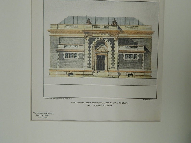Antique Davenport Original Plan Architecture Hand Colored Iowa Vintage William L Woollett 1901 Architects Public Library