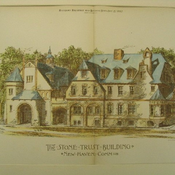 Stone Trust Building, New Haven, Connecticut, 1887, H Edwards Ficken, Architects. Hand Colored, Original Plan. Architecture, Antique