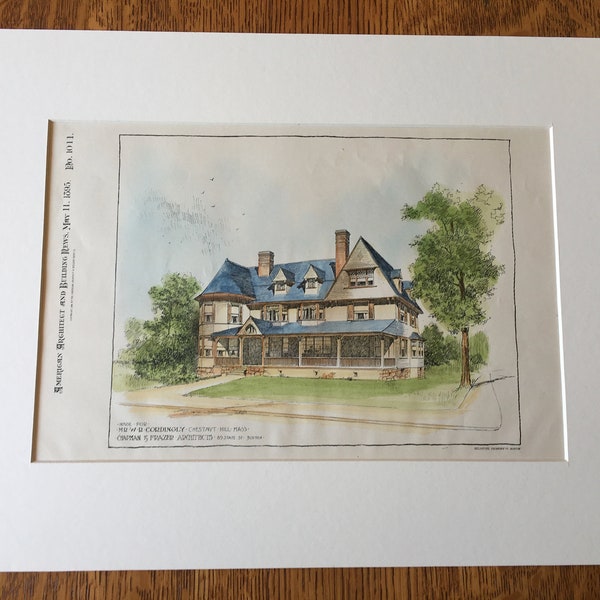 W R Cordingly House, Chestnut Hill, Massachusetts, 1895, Chapman & Frazer, Architects. Hand Colored, Original Plan, Architecture, Vintage
