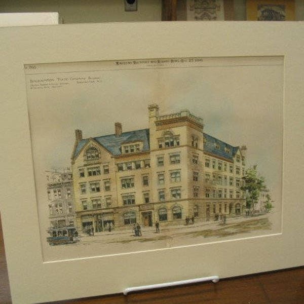 Binghamton Trust Company, Binghamton, New York, 1890. Harding & Gooch, Architects. Hand Colored, Original Plan. Architecture, Antique