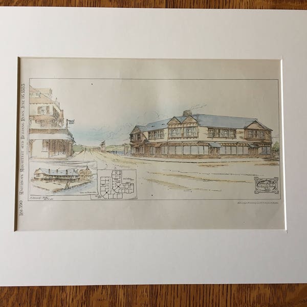 Stores, Seabright, New York, 1883, H Edwards Ficken, Architects. Hand Colored, Original Plan, Architecture, Vintage, Antique