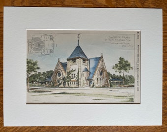 Church at Wakefield, Massachusetts, 1888, Wait & Cutter, Architects. Hand Colored, Original, Architecture, Vintage, Antique