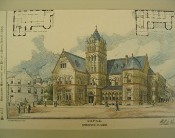 United States Post Office, Springfield, Massachusetts, 1888, William Lerel, Architects. Hand Colored, Original Plan, Architecture, Vintage