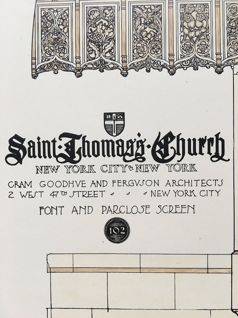 Architecture Font All Saints Cathedral Original Plan Halifax Nova Scotia Architects 1914 Cram Goodhue /& Ferguson Hand Colored