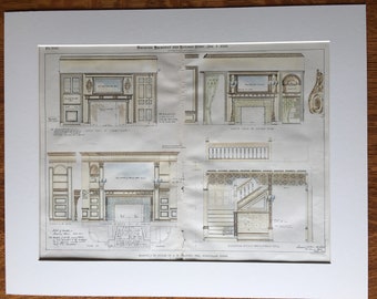 Mantels in the House of A N Belding, Rockville, Connecticut, 1895, S J Brown, Architects. Hand Colored, Original Plan, Architecture, Vintage