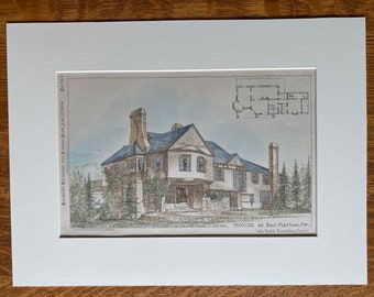 House at Bar Harbor, Maine, 1884, William Ralph Emerson, Architects. Hand Colored, Original, Architecture, Vintage, Antique