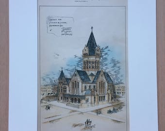 Church & Chapel, Harrisburg, Pensilvania, 1889, John J Deery, Arquitectos. Coloreado a mano, Plan Original, Arquitectura, Vintage, Antiguo