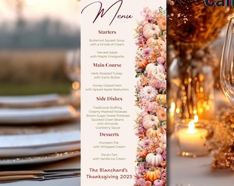 Editable Thanksgiving Menu Template, Pumpkin Floral (Canva, Digital Download)