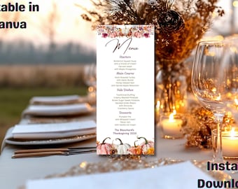 Thanksgiving Menu Template, Fall Pumpkin Floral, Editable Canva (Digital Download)