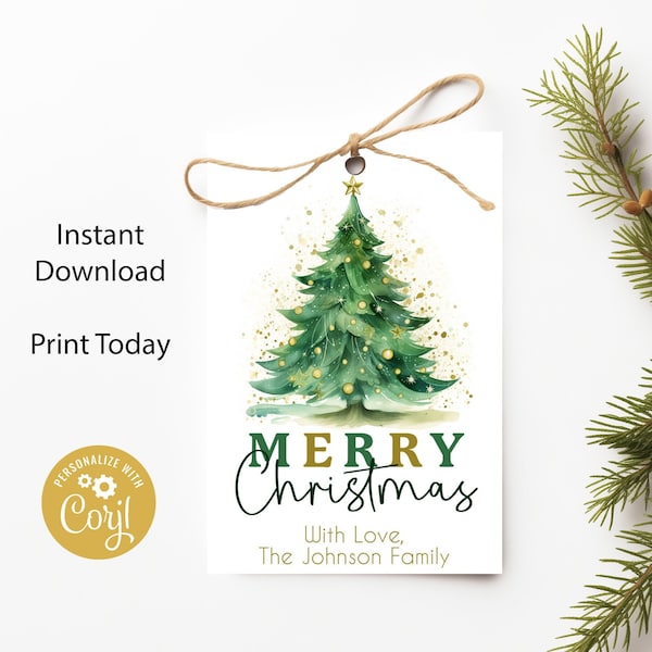 Printable Christmas Gift Tags - Merry Christmas Holiday Favor Tag, Festive Labels with a Christmas Tree, Family Friends, Editable w Corjl