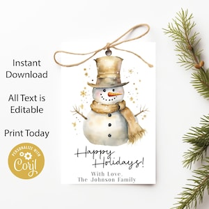 Schneemann-Geschenkanhänger - Frohe Weihnachten, Aquarell Schneemann Festliche Etiketten, Familie Freunde, druckbare bearbeitbare Vorlage