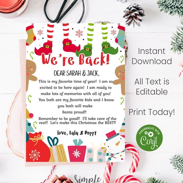 Elf Arrival letter We're back letter from elf Hello from elf Christmas elf letter to kids from elf Digital Editable Printable Download