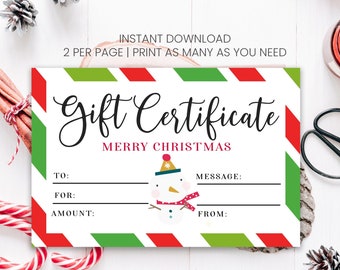 印刷可能なクリスマス ギフト券テンプレート、即時ダウンロード、クリスマスプレゼント用ギフト券、ホリデー ギフト券