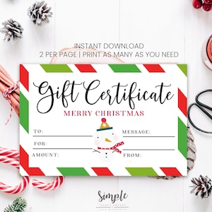 Modèle imprimable de chèque-cadeau de Noël, téléchargement immédiat, bon cadeau pour Noël, chèque-cadeau de vacances