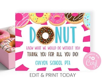 Donut Printable Full Size Sign, Printable Thank You, Teacher Gift, Staff Gift Ideas, Birthday Donuts, Donut Box Sign, Customized Happy Bday