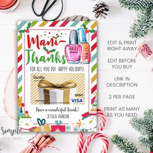 Printable Holiday Manicure Christmas Gift Card Holder, Editable Thank You Holiday Gift Card Holder, Christmas Gifts for Teachers,  PTA PTO