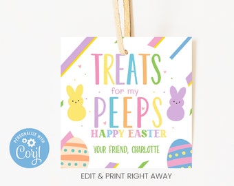 May include: A printable Easter treat bag tag with a colorful design featuring the text "Treats for my PEEPS Happy Easter Your Friend, Charlotte" and a graphic of a yellow and purple bunny. The tag is decorated with colorful stripes and polka dots.