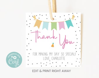 Printable Thank You Tag, Birthday Favor Tags  for friends & Family, Editable Gift Tags, Personalized Simple Favor Tag, Editable with Corjl