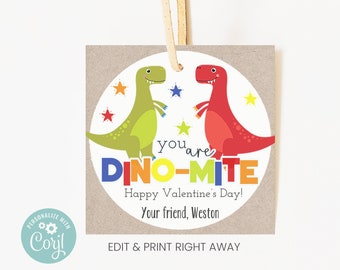 Printable Valentines Day You Are Dino-Mite Kids Cards, Dinosaur Valentine's Day Tags for Classroom Parties, Editable With Corjl, Instant