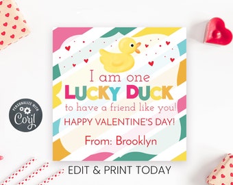 Printable Lucky Duck Valentines Day Kids Tags, Kids Valentine's Cards, Rubber Duck Label, Treat Bag Tags For Classroom Parties, Editable Tag