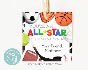 Afdrukbare sport-valentijnskaarten voor kinderen, Valentijnsdagtag, All-Star Card Label, Classroom Party, bewerkbaar met Corjl, direct downloaden