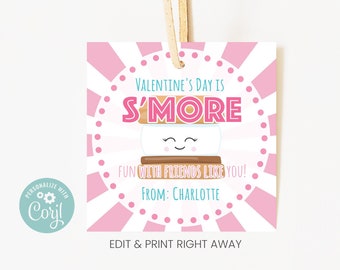 May include: A pink and white printable Valentine's Day card with a cartoon marshmallow s'more graphic. The text reads "Valentine's Day is S'more Fun with Friends Like You!" and "From: Charlotte".